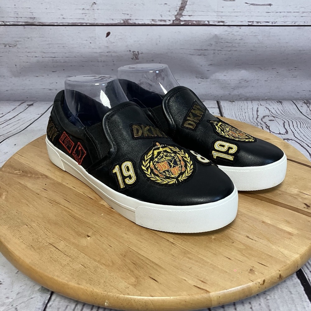 DKNY Shoes Womens Size 8‎ Baylee Black Leather Patchwork Slip-On Embroidered